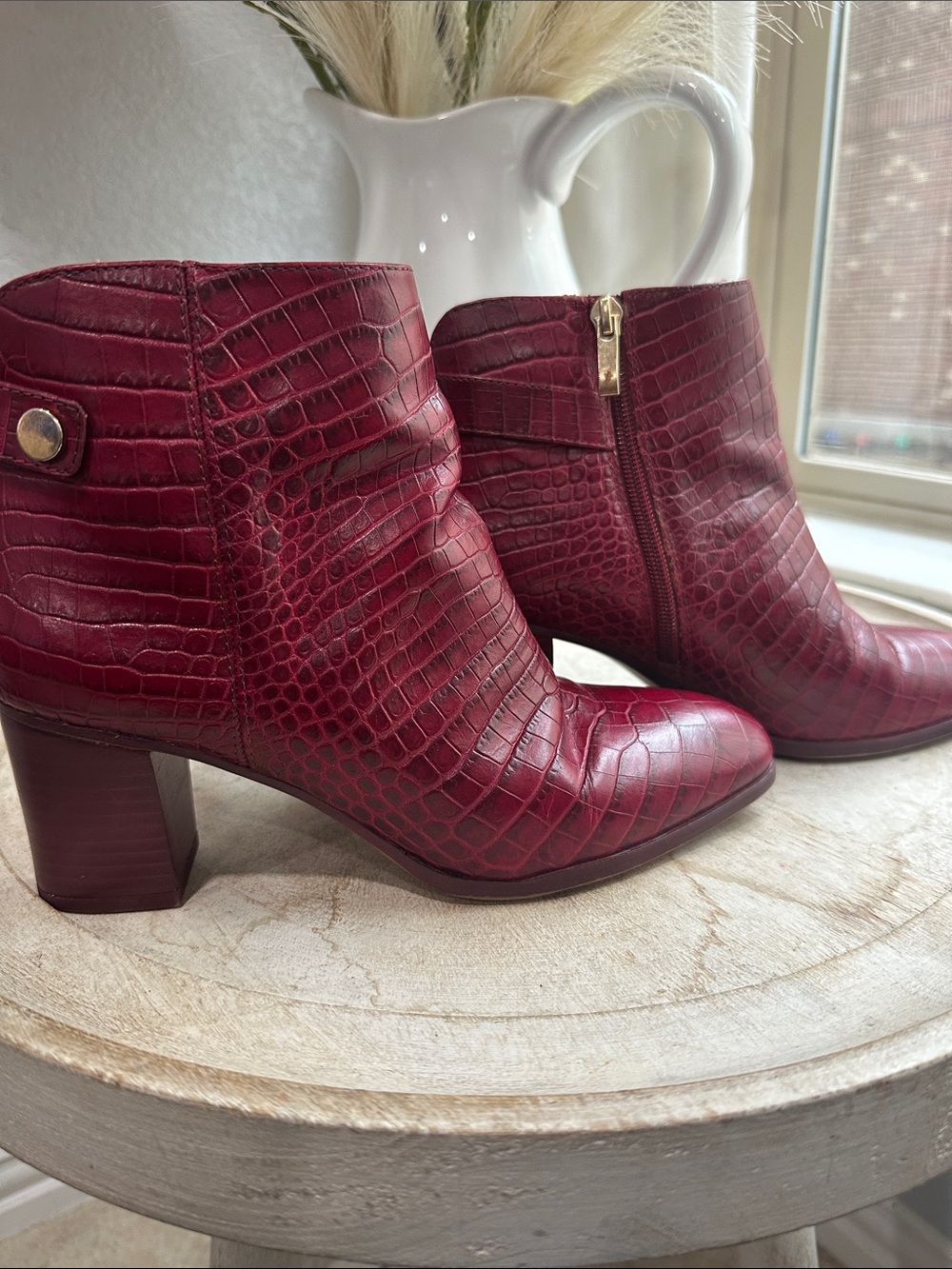 Franco Sarto Burgundy Croc-Embossed Leather Ankle Boots